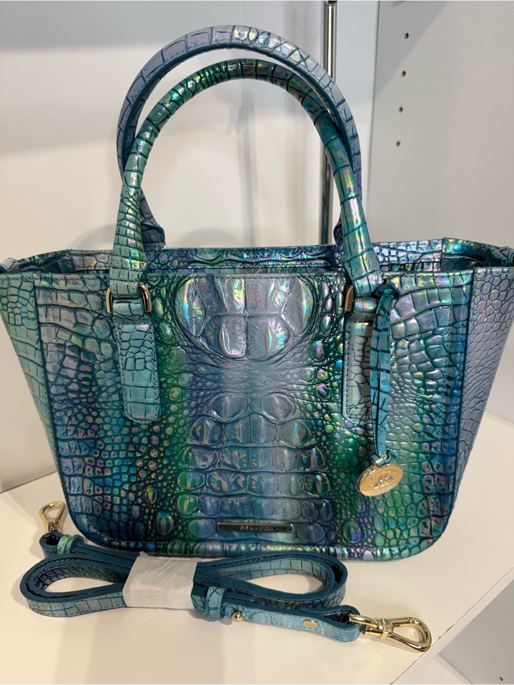 Brahmin small Ashlee Iridescent Croc-Embossed Tote in Teal-Blue